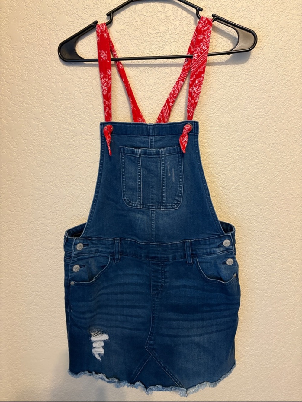 Justice Dark Blue Denim Overall Dress with Red Bandana Straps